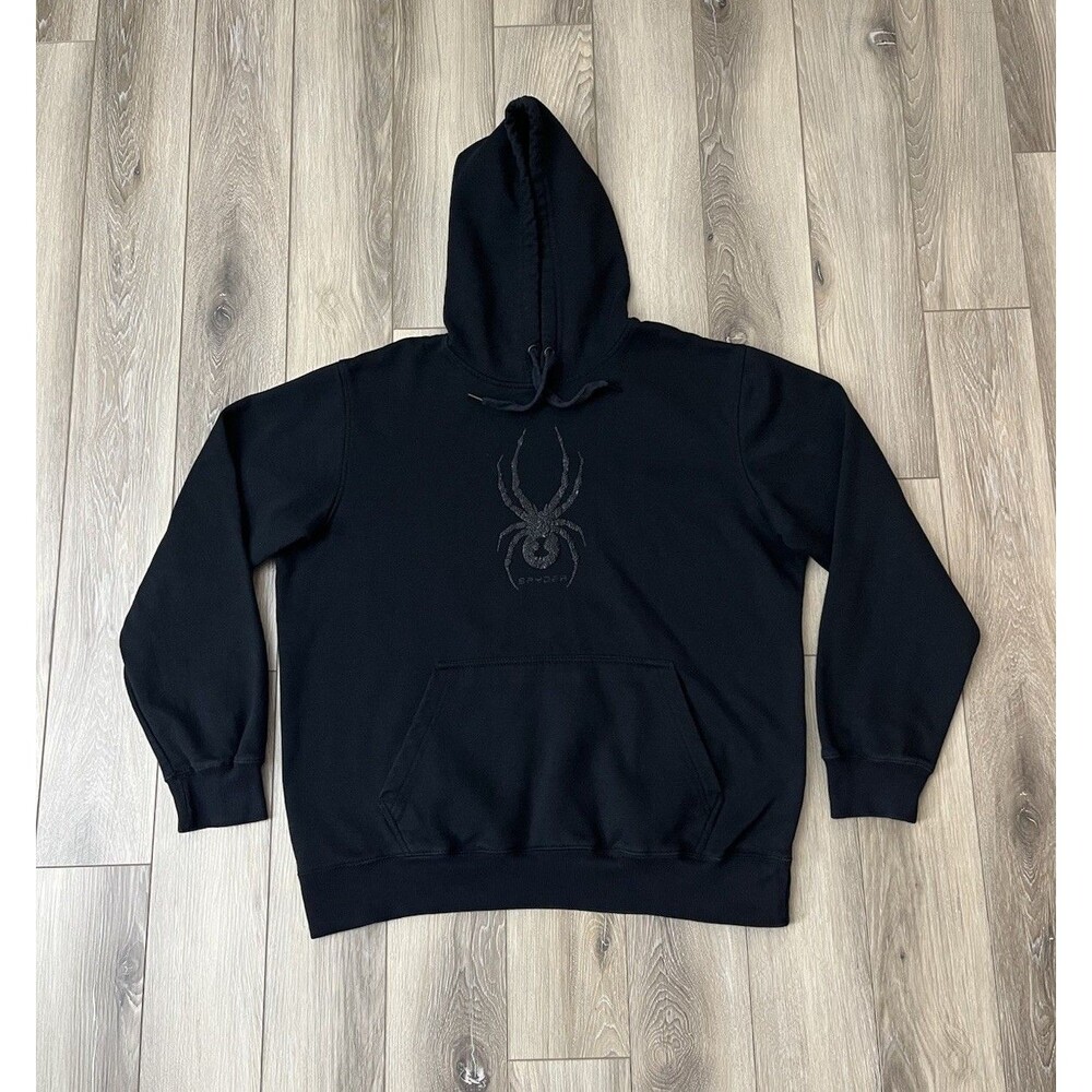 Spyder Hoodie Mens Large Black Pullover Fleece Spider Logo Graphic Sweatshirt
